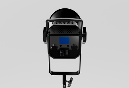 Rear view of Crisania Neri 150 W LED studio light – control panel and cooling system for professional filming